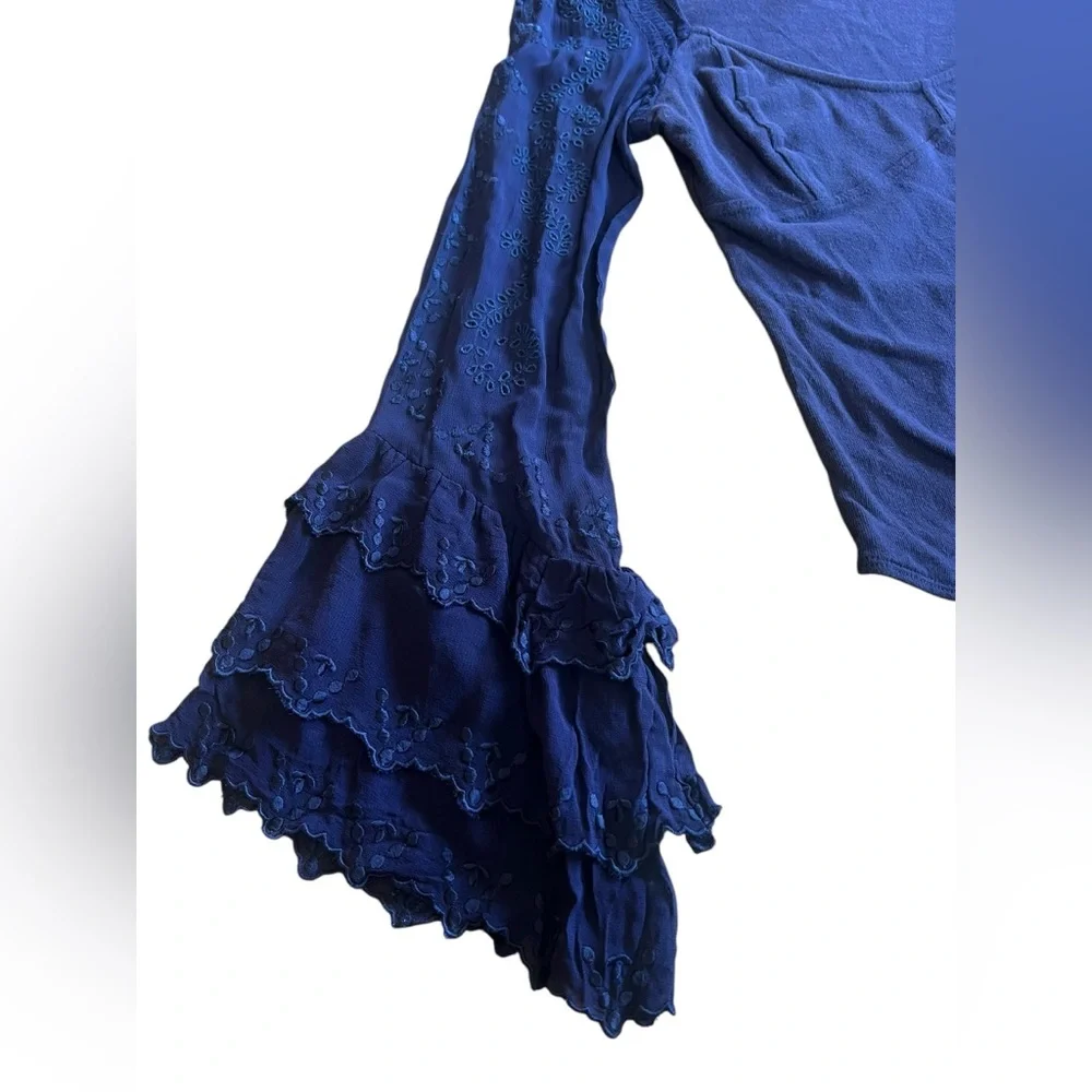 FREE PEOPLE Intimately Enchanted By You Bodysuit Ruffled Eyelet Bell Sleeve Navy